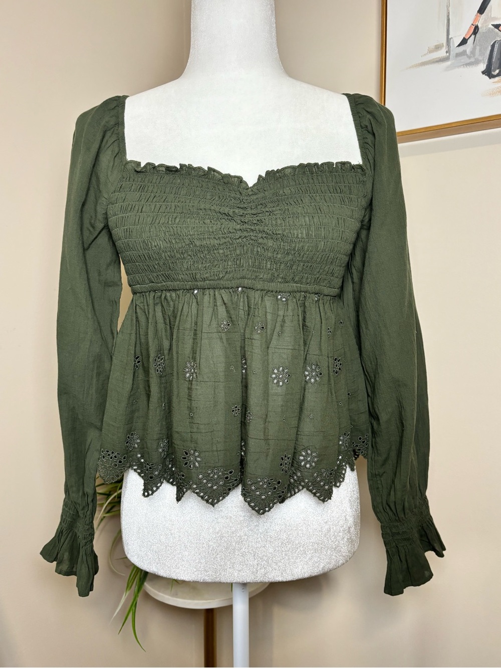 American Eagle NWT Olive Green Smocked Eyelet Peplum Blouse Small